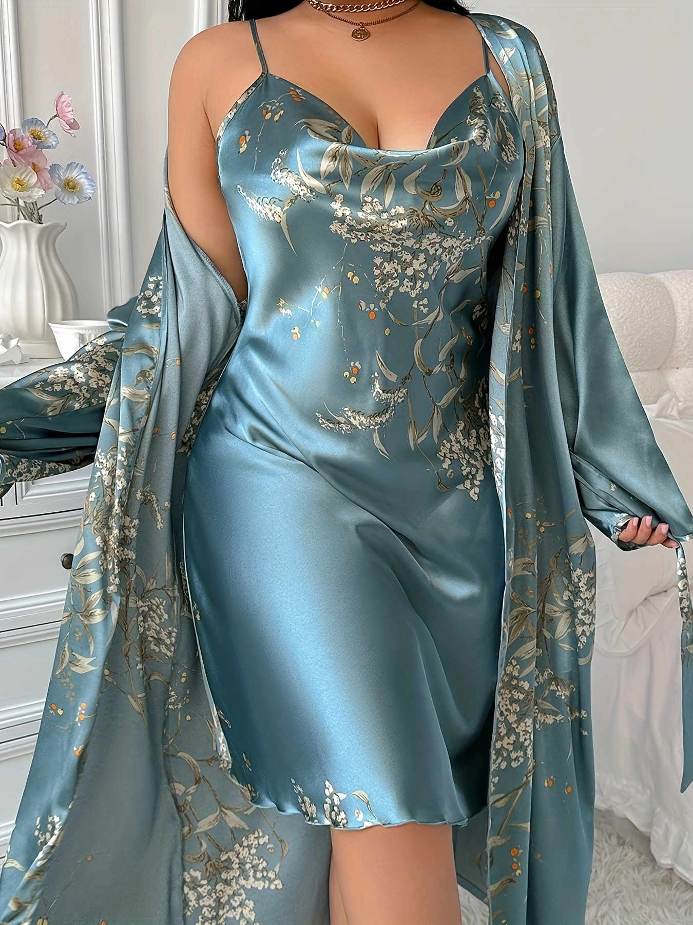 [Plus Size Nightgown] Plus Size Pile Collar Fashion Printed Faux Camisole Nightgown for Women