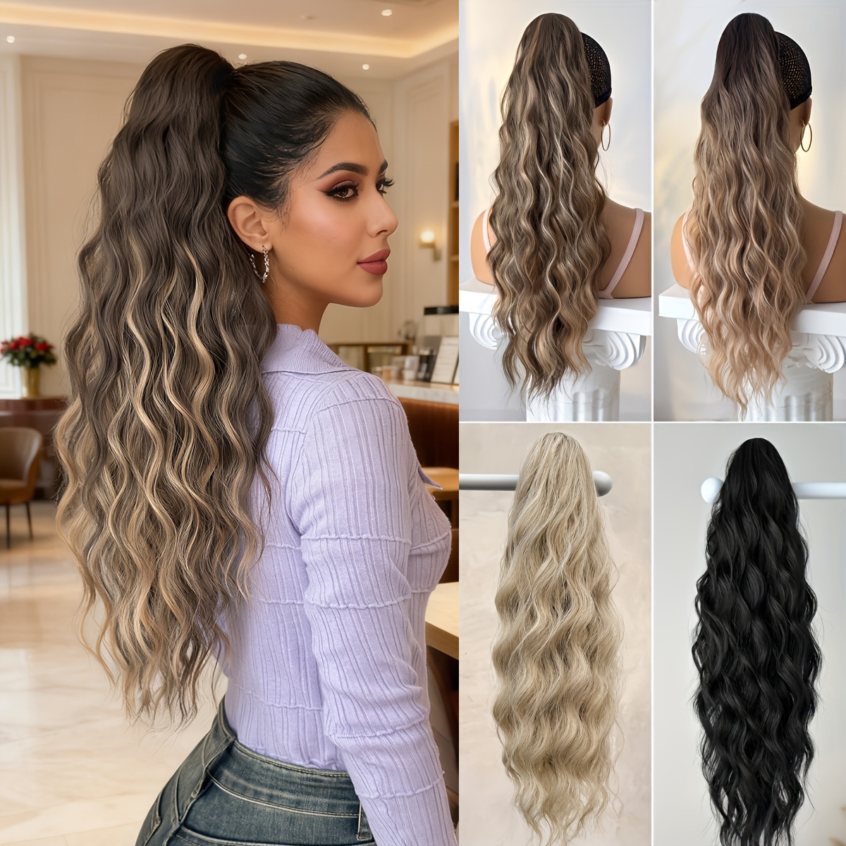 [Soft Clip-In Extensions] Soft 24\" Claw Ponytail Clip-In Extensions | Synthetic Deep Wave Hairpiece for Men & Women, Natural Volume & Dimension, Daily Wear & Special Occasions, All Ethnicities, Hair Accessories