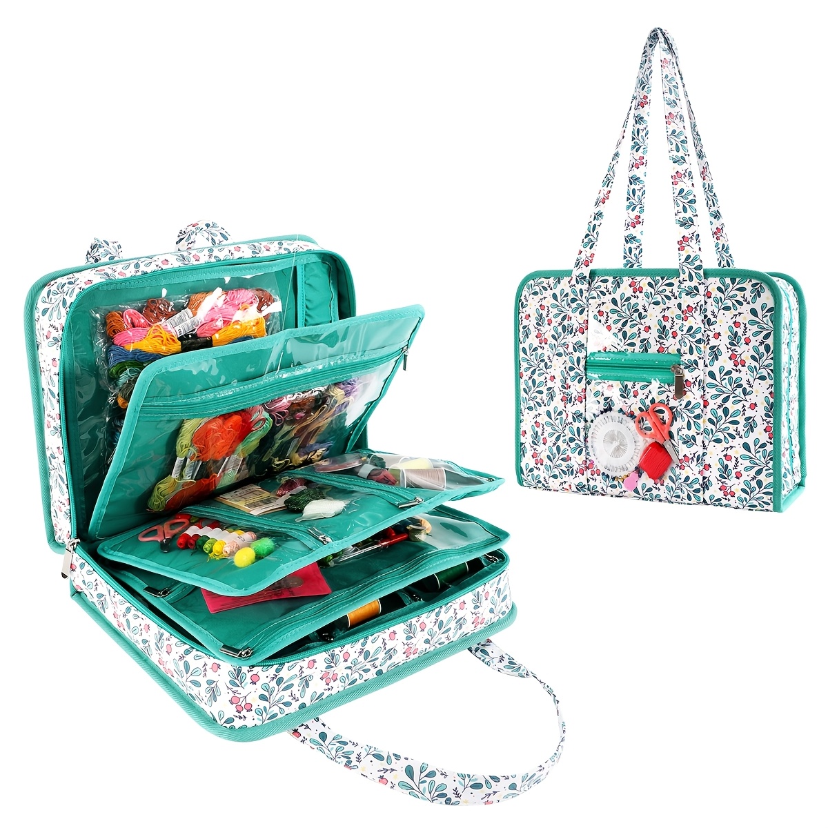 1pc ONBAGLST Sewing And Craft Organizer Tote Bag - Spacious Sewing Machine, Green Floral Design, Sturdy Polyester Material with Transparent Front Pockets - Handy Crafting, Travel, Or Home Storage Bag for Knitting, Crochet, Sewing Storage