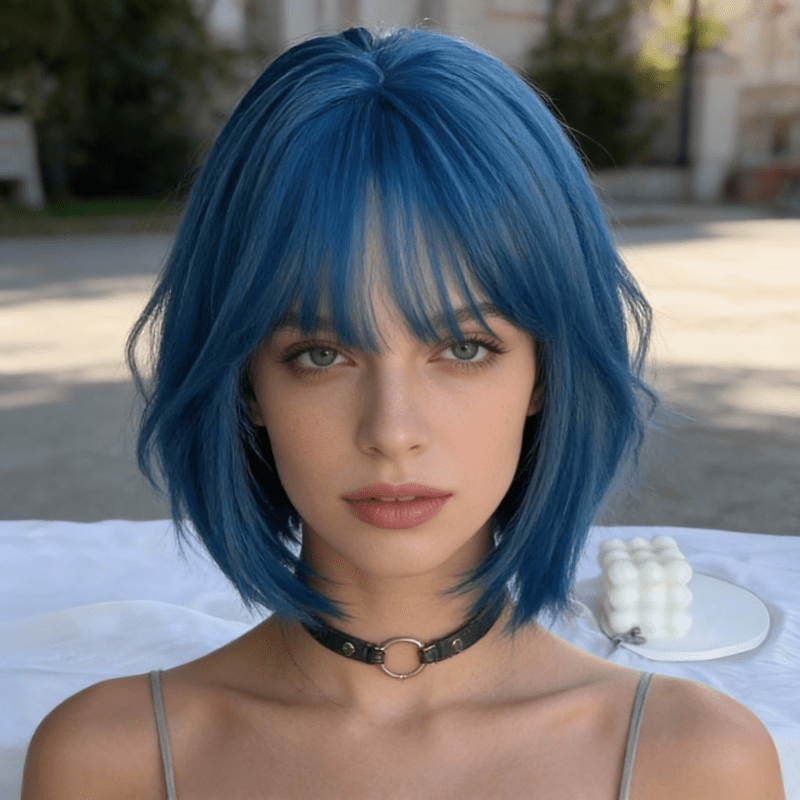 12\" Deep Sky Blue Wig | Sea Blue with White Bob Hair Girl Short Full Head | Heat Resistant | Suitable for Everyday Cosplay Holiday Parties | Comfortable and Breathable