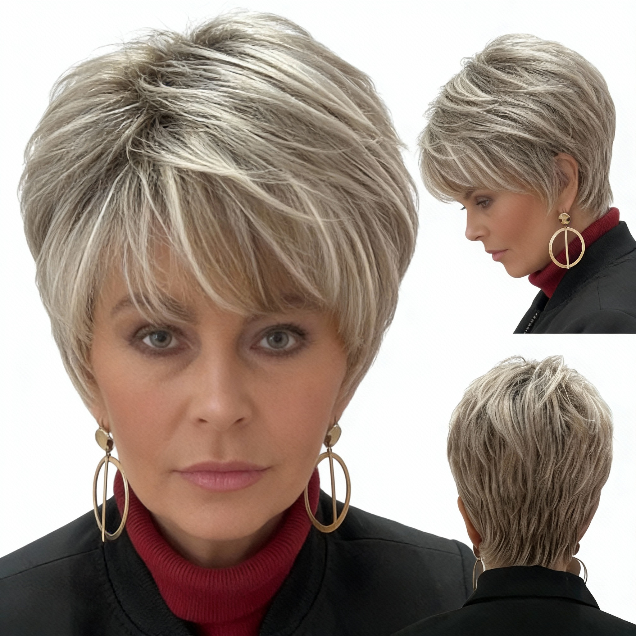 Brazilian Remy Hair Wig Glueless - Short Straight Layered Grey Hairpiece with 150% Density, Rose Net Cap Suitable for Parties, Mother\'s Day & Casual Wear - Look, No Glue/Adhesive, Comfortable Wearable Hair Replacement