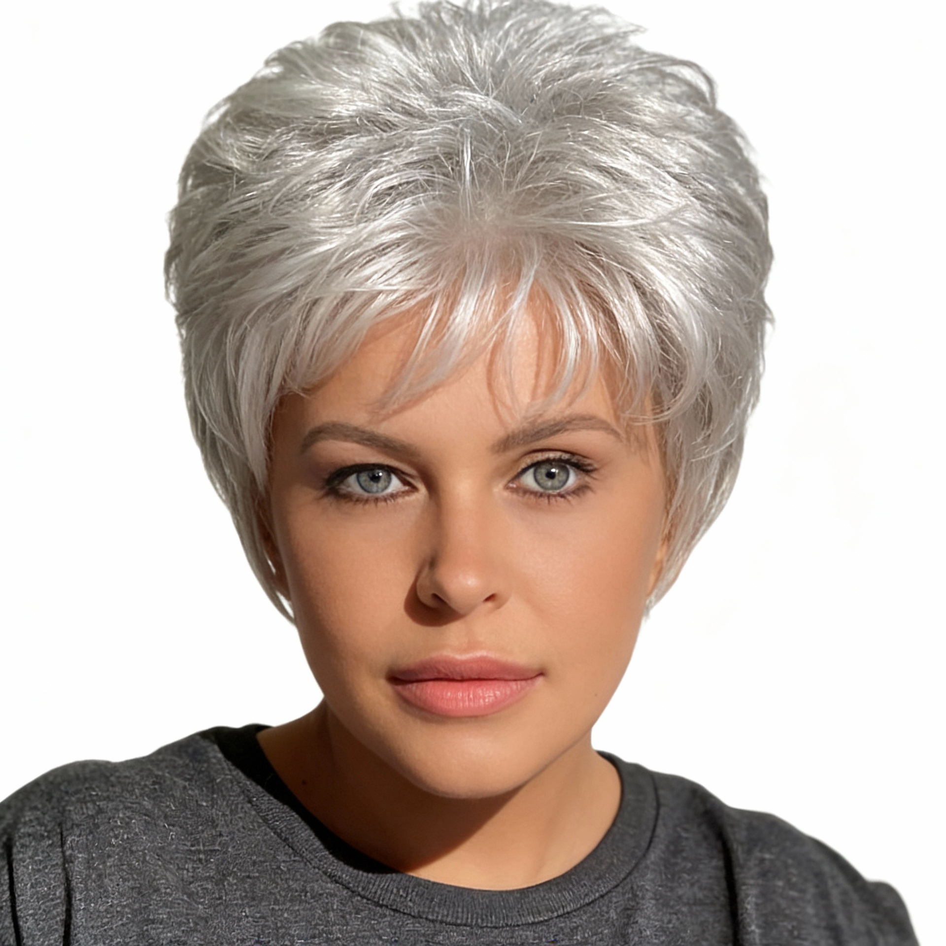 Women\'s Brazilian Hair Wig- Short Pixie Style, 6.0 Inch Long, with 150% Density And Straight Texture, Featuring a Natural Grey Appearance And Rose Net Cap, Perfect for Everyday Use And Special Events, Sleek Short Hairpiece with a Secure Fit.